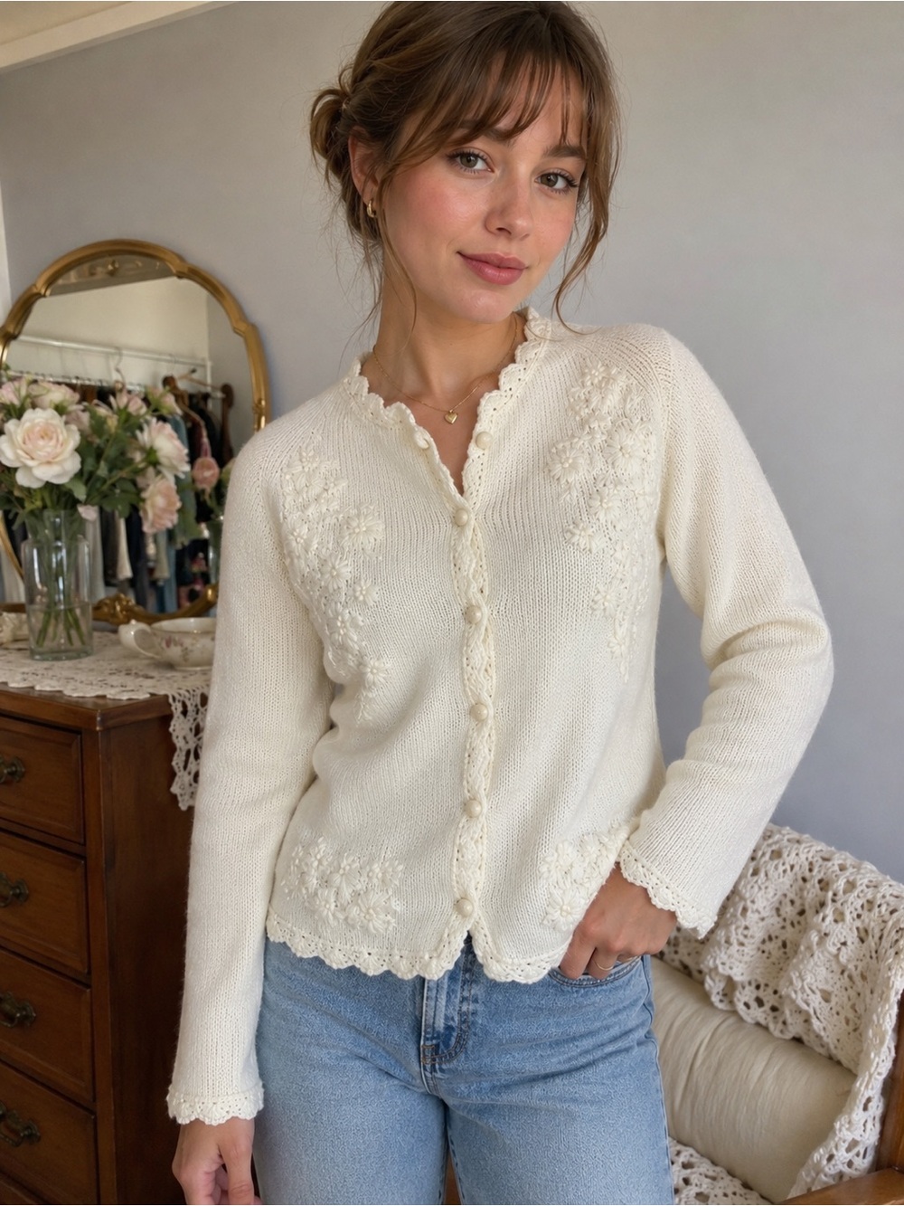 Vintage Montgomery Ward Ivory Floral Knit Cardigan Sweater Cottagecore M